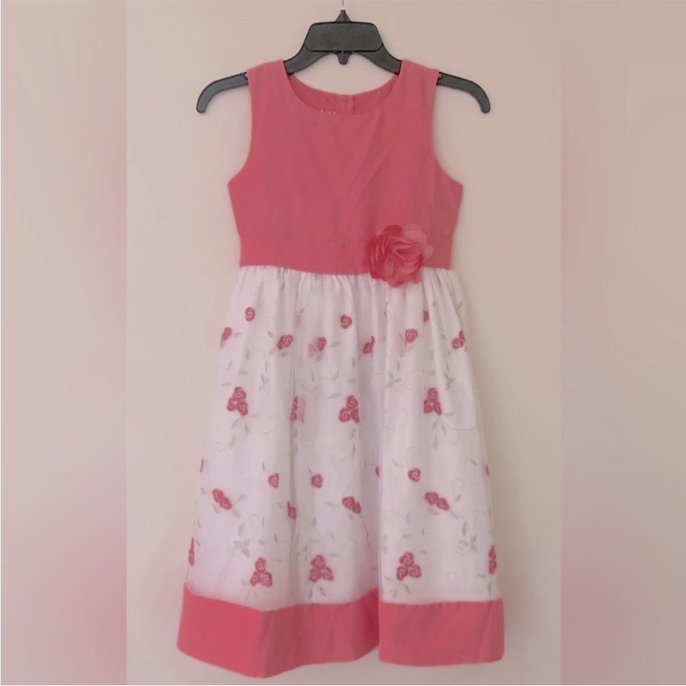 Rosenau Formal Pink & White Embroidered Floral Overlay Sleeveless Occasion Dress